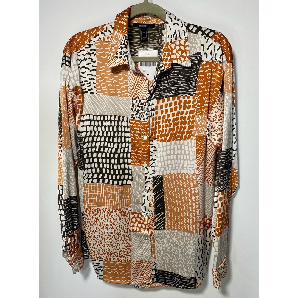 F21 Pattern Block Silk Oversized Blouse - image 1